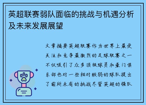 英超联赛弱队面临的挑战与机遇分析及未来发展展望