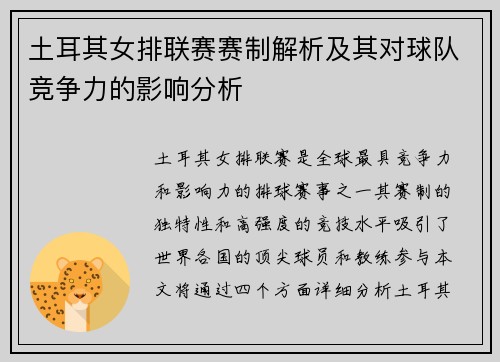 土耳其女排联赛赛制解析及其对球队竞争力的影响分析