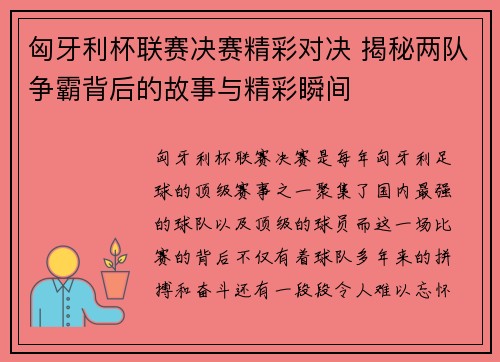 匈牙利杯联赛决赛精彩对决 揭秘两队争霸背后的故事与精彩瞬间