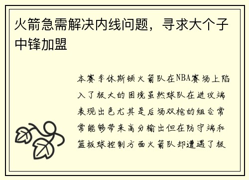 火箭急需解决内线问题，寻求大个子中锋加盟