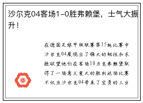 沙尔克04客场1-0胜弗赖堡，士气大振升！